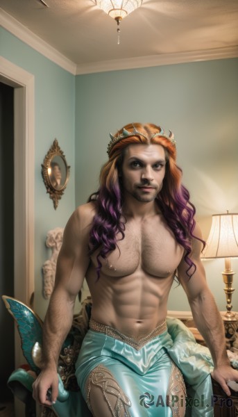 solo,long hair,looking at viewer,brown hair,1boy,navel,brown eyes,sitting,closed mouth,nipples,purple hair,male focus,multicolored hair,cowboy shot,pants,artist name,indoors,stomach,lips,gradient hair,muscular,facial hair,chair,piercing,abs,crown,pectorals,muscular male,bara,beard,topless male,mirror,mature male,realistic,lamp,navel piercing,chest hair,navel hair,leg hair,arm hair,hairy,smile,orange hair