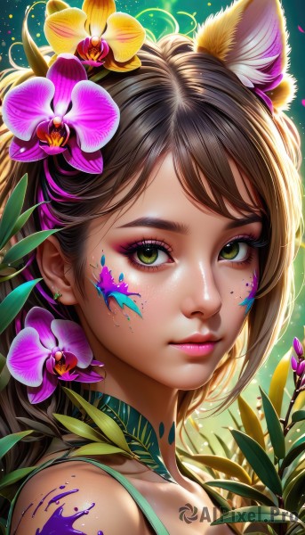 1girl,solo,long hair,looking at viewer,short hair,bangs,brown hair,black hair,hair ornament,animal ears,bare shoulders,jewelry,closed mouth,green eyes,upper body,flower,multicolored hair,earrings,choker,artist name,cat ears,signature,hair flower,from side,lips,streaked hair,animal ear fluff,fox ears,eyelashes,makeup,leaf,facial mark,piercing,plant,lipstick,portrait,close-up,pink flower,eyeshadow,freckles,green background,pink lips,nose,eyeliner,facepaint,mascara,collarbone,extra ears,purple flower,bodypaint,paint splatter