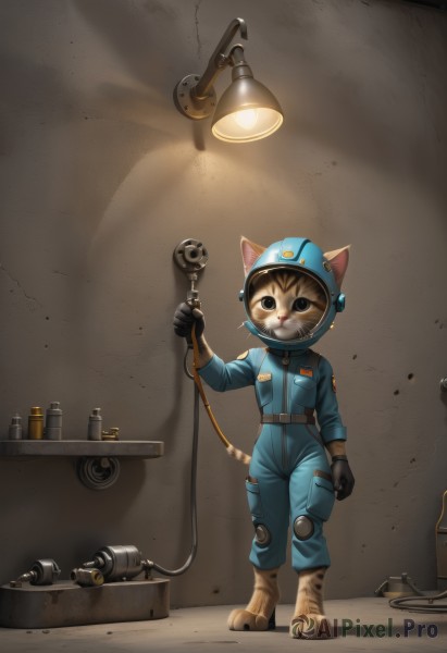 solo,looking at viewer,gloves,1boy,holding,animal ears,standing,tail,full body,male focus,black gloves,belt,indoors,cat ears,uniform,no humans,cat,helmet,clenched hand,furry,1other,science fiction,animal hands,realistic,cable,furry male,knee pads,jumpsuit,whiskers,light bulb,industrial pipe,long sleeves,closed mouth,signature,black eyes,collar,cat tail,shadow,brown gloves,light,ears through headwear,flashlight,walkie-talkie