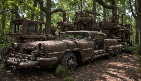 outdoors,day,tree,military,no humans,sunlight,grass,ground vehicle,nature,scenery,motor vehicle,forest,cannon,military vehicle,car,road,tank,vehicle focus,caterpillar tracks,wheel,overgrown,weapon,gun,leaf,science fiction,realistic,ruins,machine gun,tire