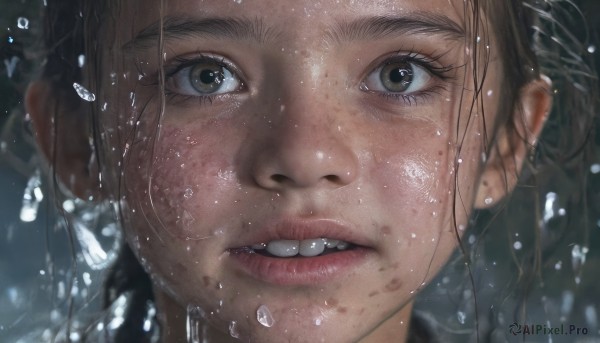 1girl,solo,looking at viewer,open mouth,brown hair,black hair,brown eyes,jewelry,earrings,parted lips,teeth,water,mole,blurry,lips,wet,eyelashes,portrait,close-up,freckles,rain,water drop,realistic,nose,wet hair,long hair,artist name,dirty