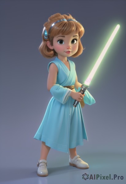 1girl,solo,looking at viewer,blush,smile,short hair,brown hair,hair ornament,dress,holding,brown eyes,standing,full body,weapon,hairband,detached sleeves,shoes,sleeveless,belt,sword,medium hair,holding weapon,lips,see-through,blue dress,glowing,holding sword,white footwear,aged down,child,female child,energy sword,lightsaber,science fiction,realistic