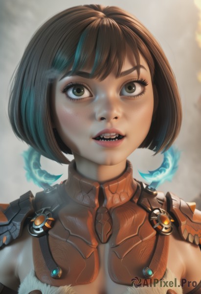 1girl,solo,breasts,short hair,open mouth,bangs,brown hair,brown eyes,upper body,multicolored hair,parted lips,teeth,artist name,armor,blurry,lips,eyelashes,makeup,watermark,bob cut,looking up,sharp teeth,portrait,close-up,eyeshadow,freckles,realistic,nose,looking at viewer,black hair,green eyes,fur trim,fangs,gorget