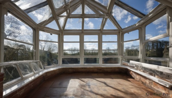 outdoors,sky,day,cloud,indoors,tree,blue sky,no humans,window,cloudy sky,plant,scenery,snow,reflection,wooden floor,glass,winter,bare tree,broken glass,broken window