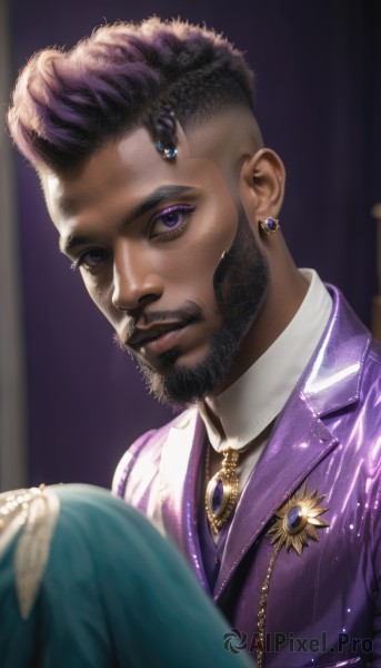 solo,looking at viewer,short hair,shirt,black hair,hair ornament,1boy,jewelry,closed mouth,purple eyes,jacket,white shirt,upper body,purple hair,male focus,earrings,solo focus,collared shirt,dark skin,necklace,blurry,vest,makeup,facial hair,formal,dark-skinned male,suit,gem,beard,mustache,purple jacket,very short hair,green pants,very dark skin,dreadlocks,blue hair,necktie,artist name,signature,depth of field,blurry background,brooch,portrait,realistic,undercut,purple vest,purple gemstone