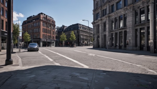 outdoors,sky,day,cloud,tree,blue sky,no humans,window,shadow,ground vehicle,building,scenery,motor vehicle,city,sign,car,road,cityscape,lamppost,street,road sign,traffic light,pavement,crosswalk,real world location,sidewalk,cloudy sky,bus,vanishing point