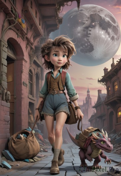 1girl,solo,smile,short hair,blue eyes,brown hair,shirt,holding,jewelry,standing,boots,outdoors,sky,shoes,shorts,pointy ears,socks,collared shirt,belt,cloud,signature,bag,vest,bracelet,bandages,brown footwear,moon,backpack,building,child,star (sky),full moon,sleeves rolled up,walking,blue shorts,monster,running,watch,city,fantasy,dragon,road,sack,dirty,street,pavement,full body,lips,window,night,denim,denim shorts