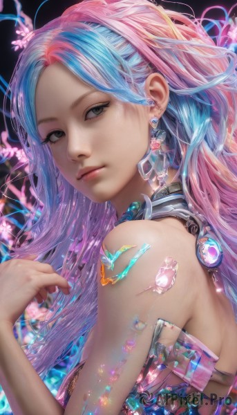 1girl,solo,long hair,breasts,looking at viewer,bare shoulders,jewelry,closed mouth,blue hair,upper body,pink hair,multicolored hair,earrings,hand up,nail polish,black eyes,two-tone hair,lips,grey eyes,bug,gem,crystal,realistic,nose,from side,eyelashes,watermark,web address