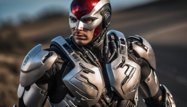 solo,1boy,brown eyes,upper body,male focus,armor,blurry,looking to the side,blurry background,facial hair,helmet,science fiction,realistic,cyborg,power armor,looking at viewer,lips,robot,serious