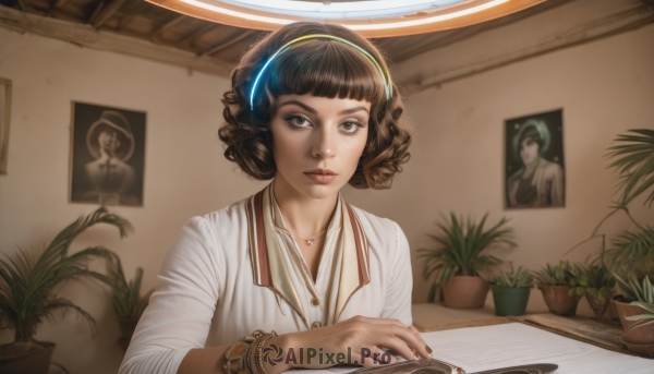 1girl,solo,looking at viewer,short hair,bangs,brown hair,shirt,brown eyes,jewelry,white shirt,upper body,hairband,indoors,dark skin,blunt bangs,necklace,bracelet,dark-skinned female,lips,book,eyelashes,headphones,plant,curly hair,realistic,nose,bangle,potted plant,photo (object),nail polish,black nails,watch,wristwatch