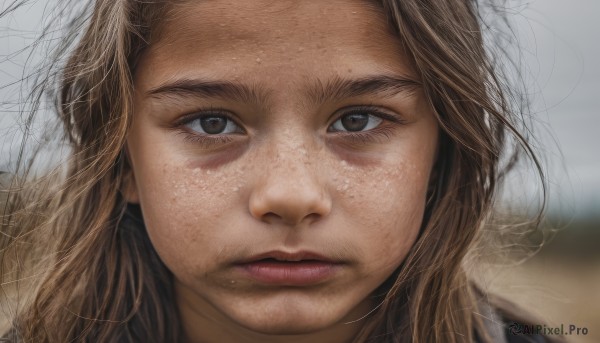 1girl,solo,long hair,looking at viewer,brown hair,brown eyes,closed mouth,mole,blurry,lips,depth of field,blurry background,messy hair,portrait,close-up,freckles,realistic,nose,straight-on,forehead