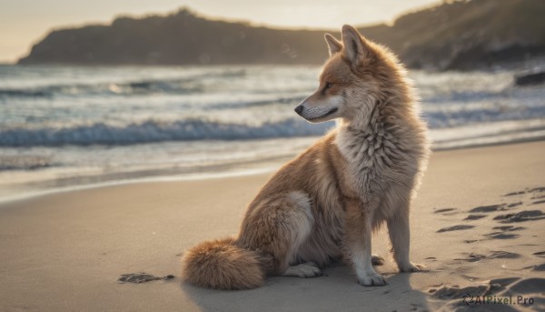 solo, sitting, outdoors, day, water, blurry, no humans, animal, beach, realistic, sand