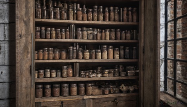 indoors,cup,book,no humans,window,bottle,scenery,bookshelf,brick wall,shelf,jar,food,wall,shop,still life