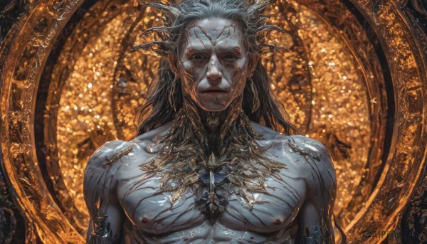 solo,long hair,looking at viewer,black hair,1boy,jewelry,closed mouth,nipples,upper body,grey hair,male focus,horns,artist name,signature,grey eyes,muscular,colored skin,pectorals,dragon horns,scales,white eyes,grey skin,coin,gold,earrings,realistic