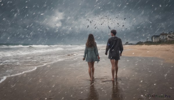 1girl, long hair, short hair, brown hair, black hair, long sleeves, 1boy, dress, holding, jacket, outdoors, sky, barefoot, cloud, water, from behind, white dress, dutch angle, bare legs, ocean, umbrella, beach, snow, walking, rain, snowing, sand, waves, footprints