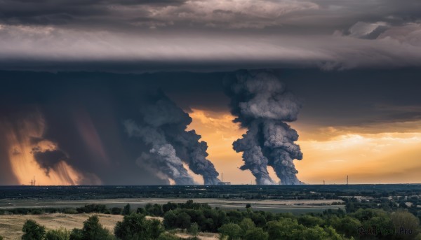 outdoors,sky,cloud,water,tree,no humans,ocean,cloudy sky,grass,fire,building,nature,scenery,forest,smoke,sunset,ruins,landscape,sunlight,horizon