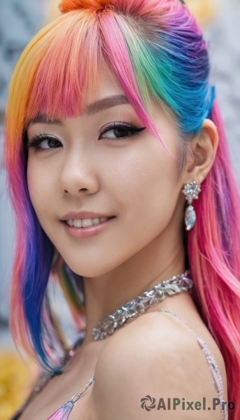 1girl,solo,long hair,breasts,looking at viewer,smile,bangs,bare shoulders,jewelry,blue hair,upper body,pink hair,multicolored hair,earrings,parted lips,teeth,necklace,grin,blurry,black eyes,two-tone hair,lips,looking to the side,eyelashes,gradient hair,makeup,blurry background,portrait,realistic,nose,rainbow hair,blunt bangs,orange hair,from side,watermark,eyeshadow,pearl necklace