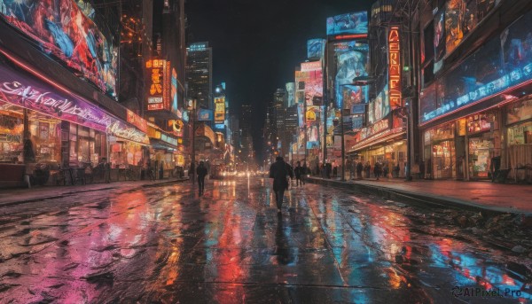 standing,outdoors,sky,water,night,ground vehicle,building,night sky,scenery,motor vehicle,reflection,science fiction,rain,city,sign,car,road,cityscape,street,skyscraper,puddle,city lights,cyberpunk,reflective floor,neon lights,people,reflective water,1boy,holding,jacket,male focus,multiple boys,pants,bag,from behind,english text,umbrella,walking,water drop,silhouette,tiles,dark,tile floor,wide shot,multiple others,lamppost,ambiguous gender,shop,pavement,crosswalk,vanishing point,sidewalk,storefront