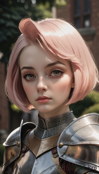 1girl,solo,looking at viewer,short hair,bangs,brown eyes,closed mouth,upper body,pink hair,outdoors,artist name,armor,blurry,lips,eyelashes,makeup,depth of field,blurry background,watermark,bob cut,shoulder armor,portrait,freckles,pauldrons,breastplate,realistic,nose,mascara,chainmail,plate armor,jewelry,earrings,day,signature,expressionless,thick eyebrows,shoulder pads