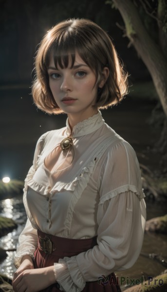 1girl,solo,breasts,looking at viewer,short hair,bangs,blue eyes,skirt,brown hair,shirt,black hair,long sleeves,brown eyes,jewelry,closed mouth,white shirt,upper body,flower,earrings,outdoors,frills,artist name,blurry,tree,lips,see-through,grey eyes,eyelashes,night,depth of field,blurry background,red skirt,own hands together,brooch,blouse,nature,backlighting,freckles,brown skirt,realistic,nose,frilled shirt,blush,medium breasts,standing,sunlight,thick eyebrows,frilled sleeves