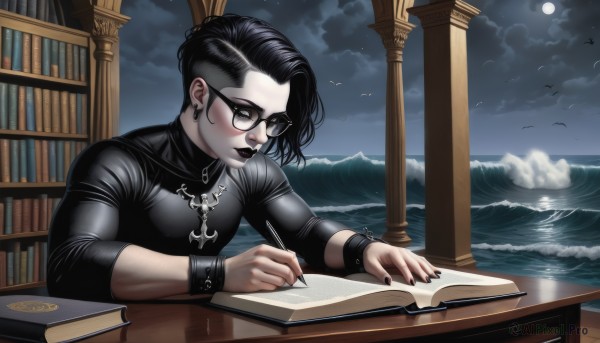 1girl,solo,breasts,short hair,shirt,black hair,holding,jewelry,sitting,upper body,earrings,sky,glasses,cloud,indoors,water,nail polish,black eyes,bracelet,lips,book,makeup,night,bird,ocean,looking away,piercing,moon,table,cloudy sky,lipstick,ear piercing,black nails,full moon,black-framed eyewear,open book,round eyewear,bookshelf,pen,reading,pencil,book stack,waves,library,holding pen,gothic,writing,black lips,holding pencil,blush,artist name,signature,black shirt,parody,pale skin,night sky,nose