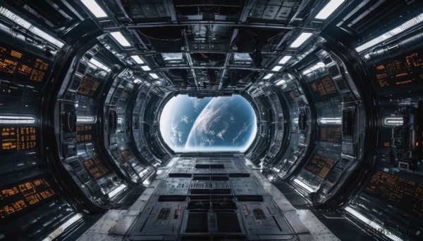 no humans,window,scenery,science fiction,space,planet,earth (planet),spacecraft,indoors,english text,realistic,cable