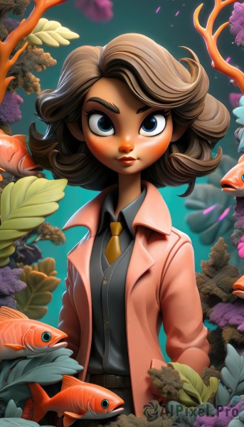 1girl,solo,looking at viewer,short hair,blue eyes,skirt,brown hair,shirt,long sleeves,closed mouth,jacket,upper body,pleated skirt,open clothes,necktie,collared shirt,artist name,black skirt,medium hair,dark-skinned female,lips,coat,black shirt,makeup,leaf,blue background,thick eyebrows,plant,grey shirt,red jacket,freckles,fish,pink jacket,yellow necktie,orange necktie,goldfish,coral,flower,animal,aquarium