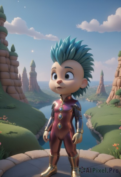 solo,smile,short hair,gloves,1boy,brown eyes,closed mouth,blue hair,standing,full body,flower,male focus,boots,outdoors,green hair,sky,day,artist name,cloud,signature,water,blue sky,bodysuit,watermark,grass,spiked hair,skin tight,furry,furry male,male child,red bodysuit,1girl