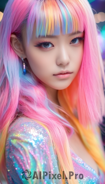 1girl,solo,long hair,breasts,looking at viewer,smile,bangs,blue eyes,blonde hair,cleavage,jewelry,closed mouth,blue hair,upper body,pink hair,multicolored hair,earrings,blunt bangs,blurry,two-tone hair,lips,grey eyes,eyelashes,gradient hair,makeup,eyeshadow,realistic,nose,eyeliner,colorful,mascara,rainbow hair,artist name,depth of field,watermark,expressionless,lipstick,portrait,web address,lens flare,pink lips,bokeh