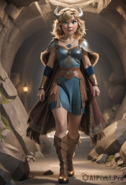 1girl,solo,breasts,looking at viewer,short hair,blue eyes,blonde hair,dress,cleavage,jewelry,medium breasts,standing,collarbone,full body,hairband,boots,parted lips,horns,pointy ears,belt,artist name,signature,medium hair,necklace,cape,armor,lips,fur trim,capelet,blue dress,watermark,brown footwear,knee boots,shoulder armor,web address,pelvic curtain,pendant,clenched hands,freckles,walking,pauldrons,lantern,rock,nose,fantasy,arms at sides,vambraces,fake horns,bracer,brown cape,skirt,makeup,cow horns,arm guards