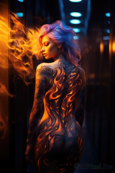 A cyborg caught in a peaceful fiery smoke