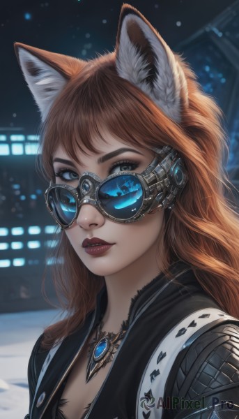 1girl,solo,long hair,breasts,looking at viewer,bangs,blue eyes,brown hair,animal ears,cleavage,jewelry,upper body,parted lips,teeth,artist name,cat ears,necklace,orange hair,blurry,lips,fox ears,eyelashes,makeup,night,blurry background,sunglasses,lipstick,goggles,fox girl,pendant,nose,red lips,tinted eyewear,brown eyes,signature,animal ear fluff,portrait,realistic,looking over eyewear,blue-tinted eyewear