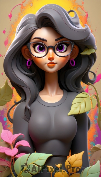 1girl,solo,long hair,breasts,looking at viewer,smile,shirt,black hair,long sleeves,jewelry,medium breasts,purple eyes,collarbone,upper body,flower,grey hair,earrings,glasses,artist name,dark-skinned female,lips,eyelashes,makeup,leaf,watermark,thick eyebrows,lipstick,web address,grey shirt,freckles,black-framed eyewear,hoop earrings,nose,closed mouth,multicolored hair,dark skin,mole,two-tone hair,black shirt,wavy hair,plant,brown background,asymmetrical hair,red lips