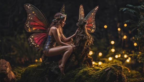 1girl,solo,long hair,brown hair,hair ornament,bare shoulders,sitting,flower,outdoors,wings,barefoot,pointy ears,blurry,from side,tree,bare legs,profile,night,depth of field,blurry background,nature,forest,rock,realistic,fairy,butterfly wings,closed eyes,hair flower,leotard,bug,fantasy,fairy wings,dark,head wreath,bokeh,fireflies