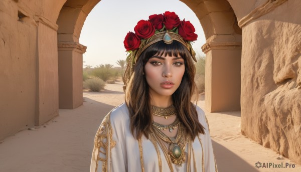 1girl,solo,long hair,looking at viewer,bangs,brown hair,black hair,hair ornament,brown eyes,jewelry,upper body,flower,outdoors,parted lips,day,hair flower,necklace,white dress,lips,rose,red flower,red rose,realistic,headdress,pillar,statue,dress,choker,blunt bangs,tiara,gem,robe,nose,neck ring