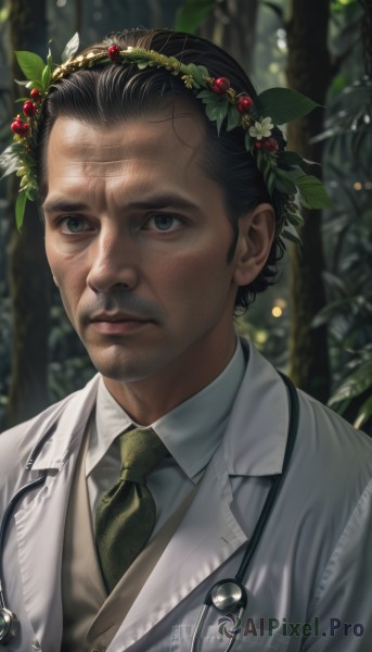 solo,looking at viewer,short hair,shirt,black hair,hair ornament,1boy,closed mouth,jacket,white shirt,upper body,male focus,outdoors,necktie,collared shirt,blurry,black eyes,vest,lips,grey eyes,blurry background,facial hair,leaf,portrait,nature,forest,realistic,nose,head wreath,green necktie,stethoscope,blue eyes,scar,expressionless,formal,suit,scar on face,leaf hair ornament