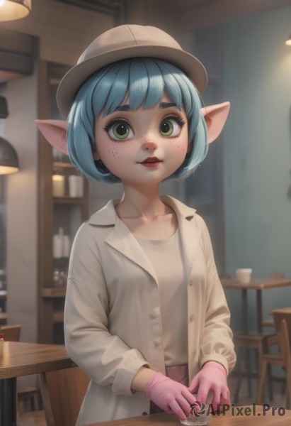 1girl,solo,looking at viewer,short hair,bangs,skirt,shirt,gloves,long sleeves,hat,holding,green eyes,blue hair,collarbone,jacket,white shirt,parted lips,open clothes,teeth,pointy ears,indoors,blurry,cup,coat,buttons,depth of field,blurry background,table,freckles,pink gloves,upper body,lips,watermark,elf