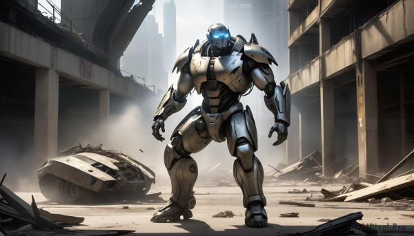 HQ,solo,blue eyes,1boy,standing,armor,military,no humans,glowing,helmet,robot,ground vehicle,building,mecha,glowing eyes,motor vehicle,science fiction,city,realistic,military vehicle,car,ruins,tank,damaged,open hands,power armor,debris,dust,road,street,rubble,truck,tire