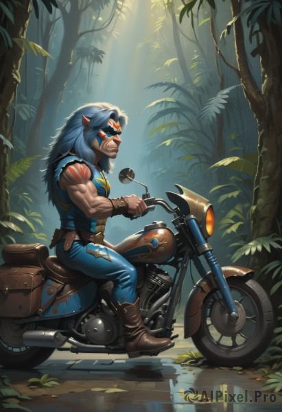 solo,long hair,blue eyes,1boy,sitting,blue hair,grey hair,male focus,boots,outdoors,teeth,pointy ears,belt,pants,artist name,from side,tree,tattoo,muscular,brown footwear,plant,muscular male,ground vehicle,nature,motor vehicle,forest,reflection,motorcycle,biceps,on motorcycle,sleeveless,water,vest,mask,facial hair,leaf,beard