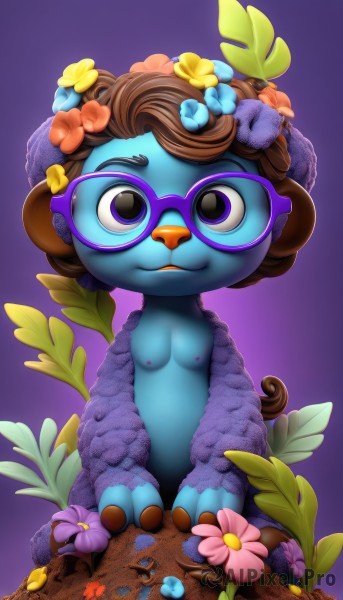 1girl,solo,breasts,looking at viewer,smile,simple background,brown hair,hair ornament,sitting,closed mouth,nipples,flower,small breasts,glasses,hair flower,black eyes,gradient,gradient background,no humans,bird,leaf,grass,furry,purple background,purple flower,furry female,head wreath,blue-framed eyewear,purple-framed eyewear,short hair,purple eyes,flat chest,loli