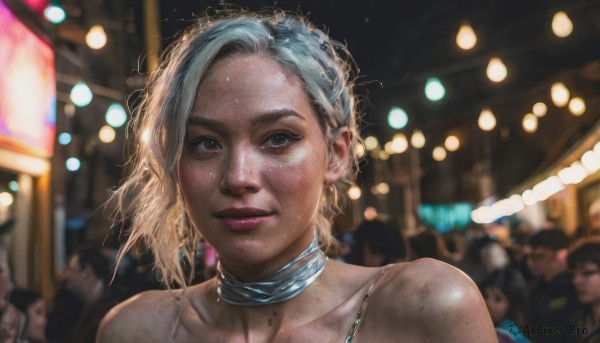 1girl,looking at viewer,smile,short hair,blonde hair,bare shoulders,jewelry,closed mouth,collarbone,multicolored hair,earrings,solo focus,choker,blurry,black eyes,two-tone hair,lips,makeup,night,depth of field,blurry background,lipstick,portrait,freckles,asymmetrical hair,realistic,nose,crowd,solo,blue eyes,parted lips,necklace,messy hair,light,mole on cheek