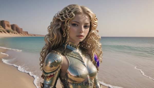 1girl,solo,long hair,breasts,looking at viewer,blonde hair,brown hair,brown eyes,jewelry,upper body,earrings,outdoors,parted lips,sky,day,water,armor,lips,grey eyes,ocean,wavy hair,beach,shoulder armor,curly hair,pauldrons,breastplate,realistic,nose,sand,gorget,blue eyes,horizon,waves