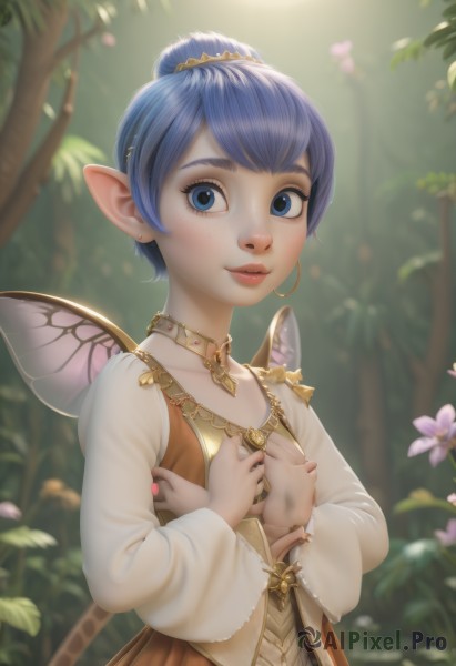 1girl,solo,looking at viewer,smile,short hair,bangs,blue eyes,hair ornament,long sleeves,dress,jewelry,blue hair,upper body,flower,earrings,outdoors,parted lips,wings,choker,day,pointy ears,necklace,hair bun,blurry,flat chest,tree,lips,eyelashes,depth of field,blurry background,single hair bun,nature,forest,freckles,realistic,nose,fairy wings,hands on own chest,fairy,breasts,blush,artist name,nail polish,watermark,web address,butterfly wings