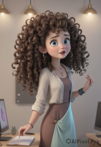 1girl,solo,long hair,breasts,looking at viewer,blush,blue eyes,skirt,brown hair,jewelry,standing,earrings,small breasts,parted lips,open clothes,indoors,necklace,bracelet,dark-skinned female,lips,eyelashes,makeup,lipstick,freckles,curly hair,watch,hoop earrings,pen,wristwatch,lamp,pencil,big hair,holding pen,stylus,shirt,holding,collarbone,teeth,apron,wristband,brown skirt,red lips,computer