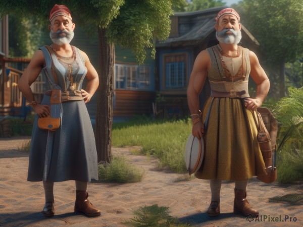 1boy,hat,dress,jewelry,standing,full body,white hair,grey hair,male focus,boots,outdoors,multiple boys,shoes,sleeveless,day,belt,2boys,necklace,bag,blurry,bracelet,tree,hand on hip,muscular,facial hair,brown footwear,grass,building,beard,hands on hips,shield,pouch,realistic,mustache,house,old,old man,turban,1girl,skirt,brown hair,holding,vest,parody,long skirt,handbag,shoulder bag,manly