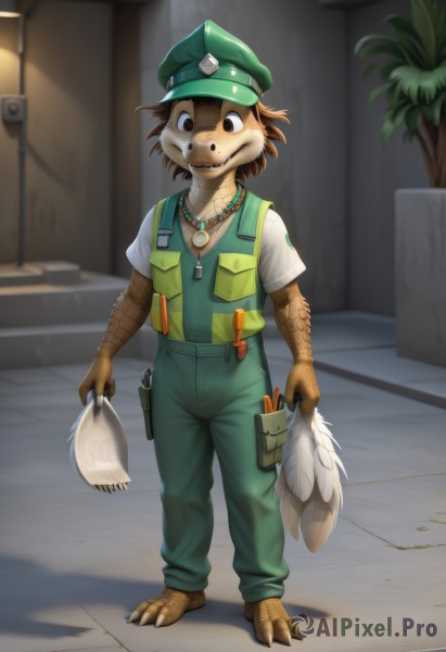 solo,looking at viewer,smile,brown hair,shirt,1boy,hat,holding,brown eyes,jewelry,standing,tail,full body,white shirt,short sleeves,male focus,barefoot,necklace,vest,feathers,claws,furry,green headwear,potted plant,furry male,digitigrade,teeth,uniform,black eyes,plant,fish,overalls