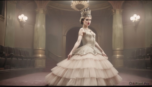 1girl,solo,breasts,brown hair,black hair,gloves,dress,bare shoulders,jewelry,standing,earrings,sleeveless,elbow gloves,indoors,white gloves,necklace,hair bun,white dress,makeup,sleeveless dress,tiara,crown,lipstick,stairs,realistic,red lips,gown,chandelier,looking at viewer,hat,letterboxed,wedding dress,princess