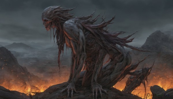 solo,open mouth,outdoors,sky,teeth,cloud,from side,no humans,kneeling,cloudy sky,fire,sharp teeth,claws,1other,monster,mountain,giant,extra arms,extra eyes,embers,burning,eldritch abomination,sitting,blood,scenery,skeleton,grey sky,molten rock