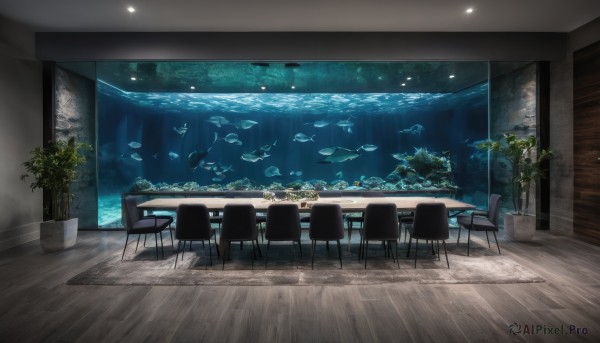 indoors,water,no humans,window,night,chair,table,sunlight,plant,scenery,fish,wooden floor,underwater,potted plant,whale,aquarium,ocean,animal,light,ceiling light