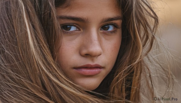 1girl,solo,long hair,looking at viewer,blonde hair,brown hair,brown eyes,closed mouth,lips,looking to the side,eyelashes,messy hair,portrait,close-up,realistic,nose,blue eyes,freckles